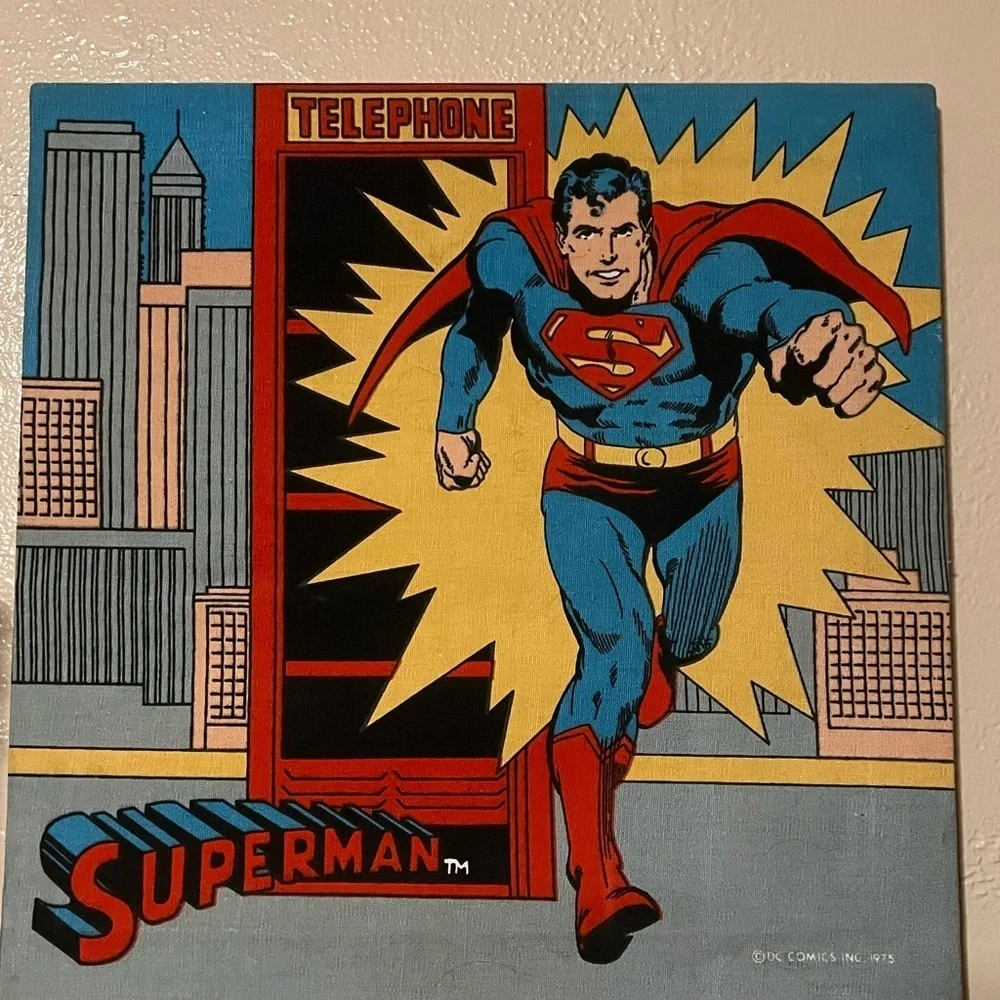 1975 Rare Vintage Superman DC Fabric Wall Hanging Comic Book Picture Red Yellow